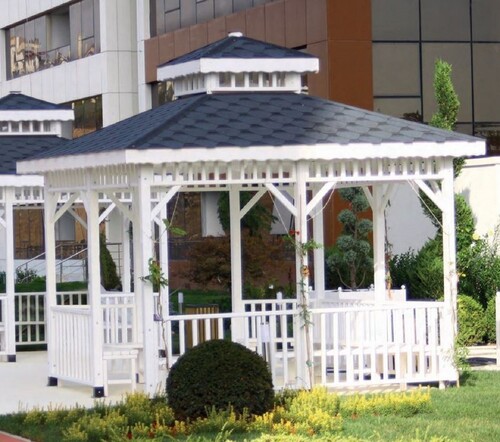 Casa Padrino Pavillon mit Sitzb�nken Wei� / Blau 400 x 400 x H. 400 cm - Garten & Park M�bel