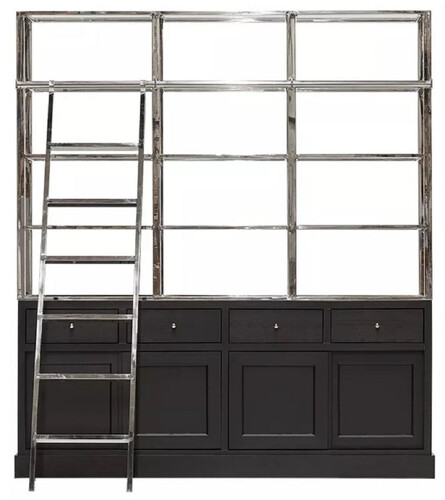 Casa Padrino Regalschrank mit Leiter Schwarz / Silber 219 x 43 x H. 240 cm - B�cherschrank - Wohnzimmer Schrank - B�ro Schrank - Wohnzimmer M�bel - B�ro M�bel - Luxus M�bel