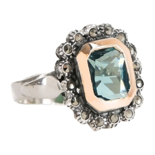 Casa Padrino Ring Blau XL Markasit aus Silber und Gold