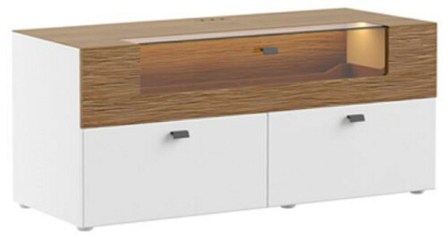 Casa Padrino TV Schrank Braun / Wei� 125 x 48 x H. 55 cm - Beleuchteter Massivholz Fernsehschrank mit Schubladen - Moderne Wohnzimmer M�bel