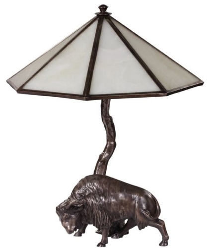 Casa Padrino Luxus Tischleuchte mit Bronzefigur Bison Bronze / Wei� 42 x 42 x H. 50 cm - Luxus Kollektion