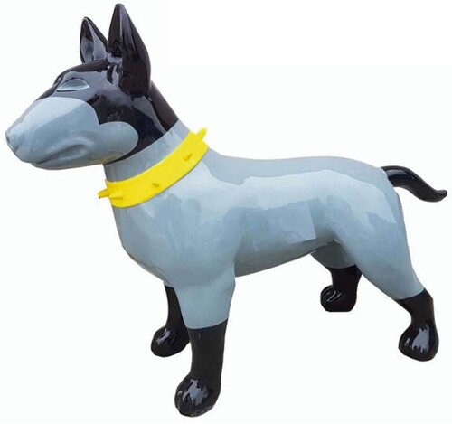 Casa Padrino XXL Deko Figur Hund Grau / Schwarz / Gelb 116 cm - Garten Deko Skulptur