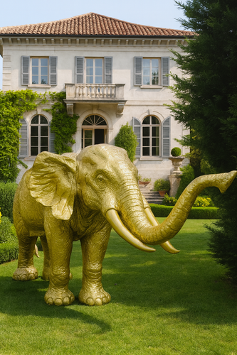 Casa Padrino XXL Deko Skulptur Elefant Gold 410 cm - Riesige Garten Deko Figur
