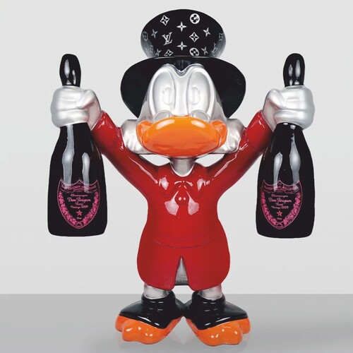 Casa Padrino XXL Deko Skulptur Ente Rot / Silber / Schwarz H. 120 cm - Gro�e Deko Figur