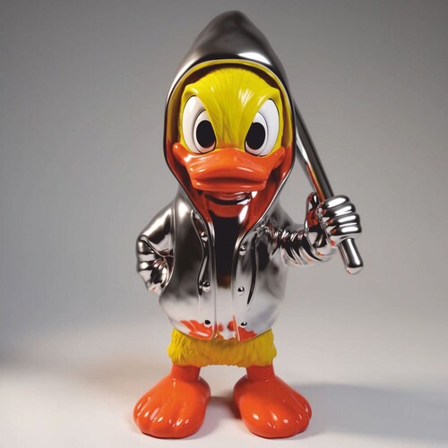 Casa Padrino XXL Deko Skulptur Ente Silber / Gelb / Orange H. 165 cm - Deko Figur