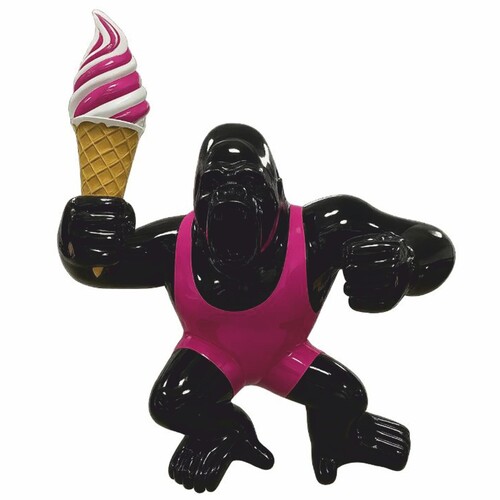 Casa Padrino XXL Deko Skulptur Gorilla Affe mit Eis Schwarz / Pink H. 220 cm