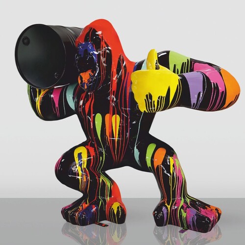 Casa Padrino XXL Deko Skulptur Gorilla mit Fass Schwarz / Bunt H. 190 cm - Gro�e Garten Figur