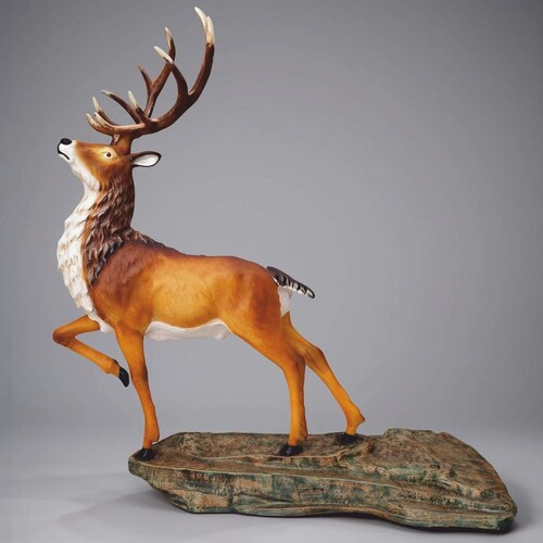 Casa Padrino XXL Deko Skulptur Hirsch auf Felsen Braun / Wei� H. 200 cm - Lebensgro�e Garten Figur