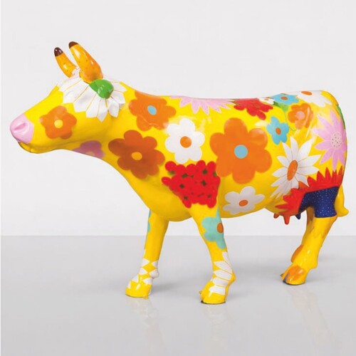 Casa Padrino XXL Deko Skulptur Kuh Gelb / Bunt 220 cm - Lebensgro�e Garten Figur