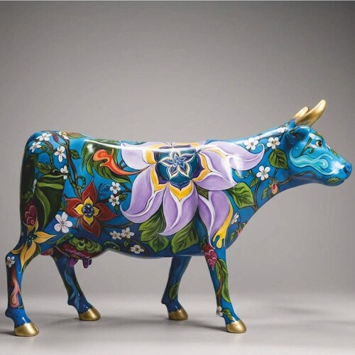 Casa Padrino XXL Deko Skulptur Kuh Blau / Bunt 225 cm - XXL Garten Figur - Lebensgro�e Tierfigur - Garten & Terrassen Deko