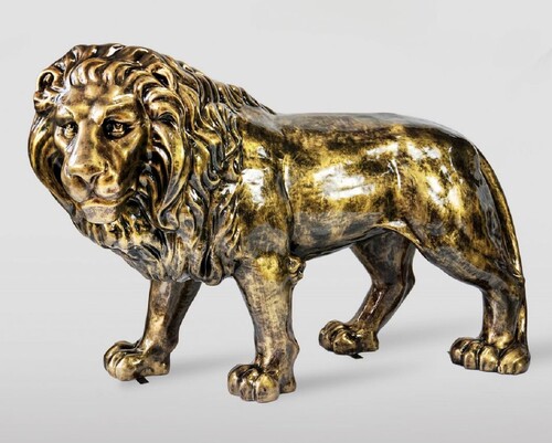 Casa Padrino XXL Deko Skulptur L�we Antik Gold 185 cm - Lebensgro�e Garten Deko Figur