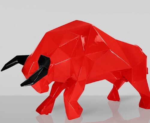 Casa Padrino XXL Deko Skulptur Stier Rot / Schwarz 220 cm - Lebensgro�e Abstrakte Garten Deko Figur