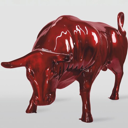 Casa Padrino XXL Deko Skulptur Stier Metallic Rot 235 cm - Garten Figur