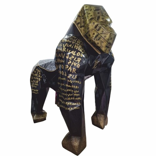 Casa Padrino XXL Garten Deko Skulptur Gorilla Affe Schwarz / Gold H. 128 cm