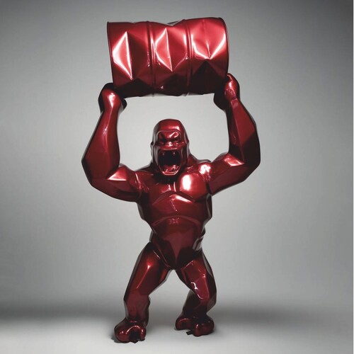 Casa Padrino XXL Garten Deko Skulptur Gorilla mit Fass Metallic Rot H. 250 cm - Gro�e Garten Figur - XXL Tierfigur