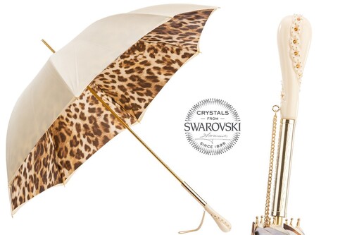 Damen Regenschirm mit Leopardenmuster, Doppelgewebe - Manuelle �ffnung - 100% Polyester - Griff mit Swarovski�-Kristallen - Handmade in Italy