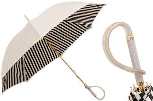 Elfenbein Regenschirm mit Schwarzen Streifen f�r Damen - Manuelle �ffnung - 100% Polyester - Griff aus Acetat - Handmade in Italy