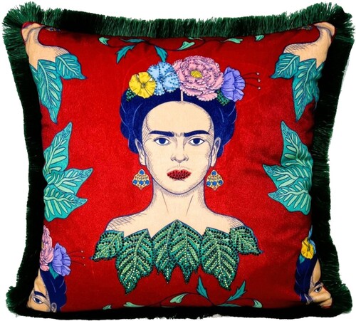 Frida Kahlo by Casa Padrino Luxus Deko Kissen mit Strass Steinen Rot / Bunt