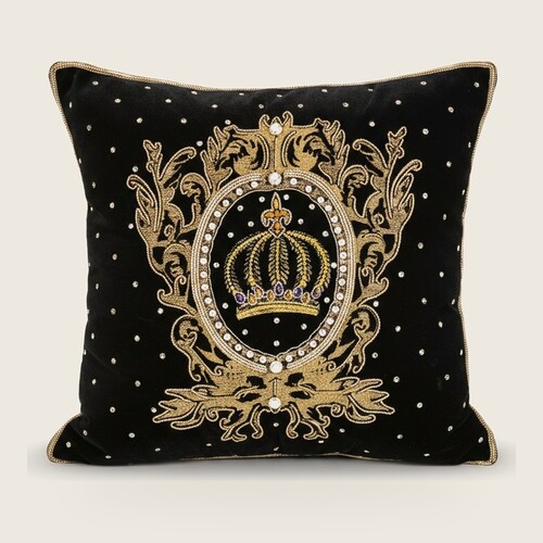 Harald Gl��ckler Luxus Barock Deko Kissen Pomp��s by Casa Padrino Crown & Stars Schwarz / Gold aufwendig verziert mit Pailletten und Glitzersteinen 