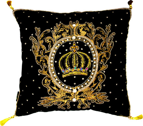 Harald Gl��ckler Luxus Barock Deko Kissen Pomp��s by Casa Padrino Crown & Stars Schwarz / Gold aufwendig verziert mit Pailletten und Glitzersteinen 