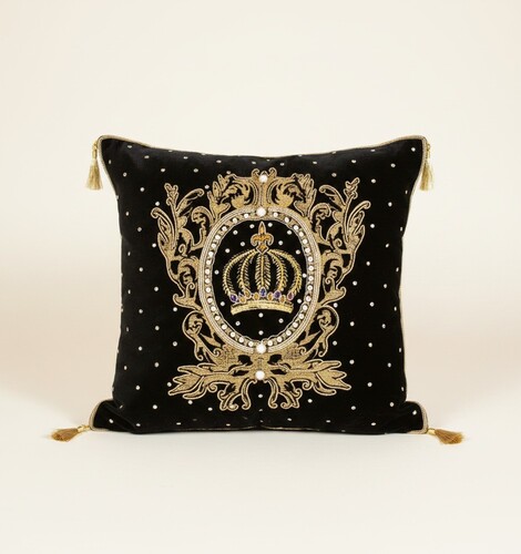 Harald Gl��ckler Luxus Barock Deko Kissen Pomp��s by Casa Padrino Schwarz / Gold Krone aufwendig verziert mit Pailletten und Glitzersteinen 