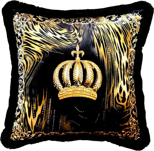 Harald Gl��ckler Luxus Deko Kissen Pomp��s by Casa Padrino Krone & Flammen mit Strass Steinen Schwarz / Gold - Feinster Samtstoff - Gl��ckler Kissen 