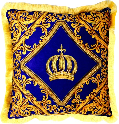 Harald Gl��ckler Pomp��s Kissen by Casa Padrino - Royalblau / Gold Krone Deluxe mit Strass Steinen - Luxus Deko Barock Zierkissen