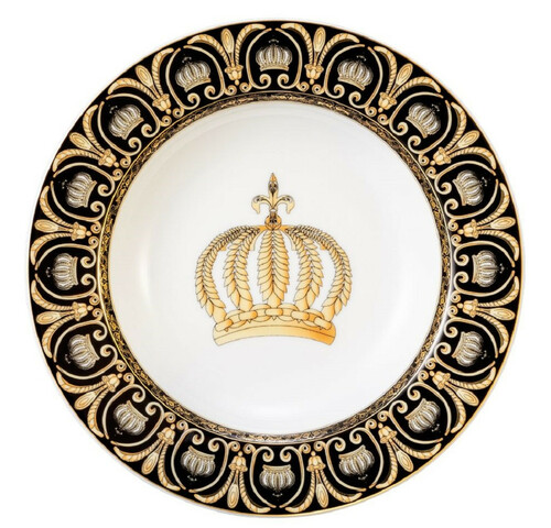 Harald Gl��ckler Pomp��s Suppenteller mit Krone Wei� / Schwarz / Gold  22,3 x H. 3,7 cm - Runder Porzellan Teller - designed by Harald Gl��ckler