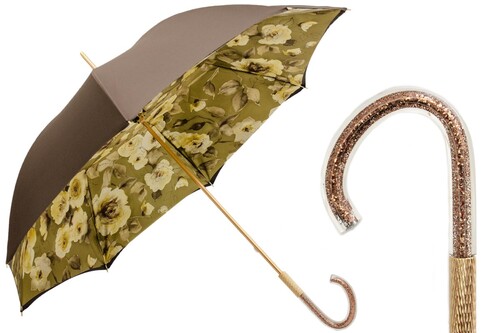 Khaki Regenschirm mit Blumen und Glitzer f�r Damen - Manuelle �ffnung - 100% Polyester - Griff aus Acetat - Handmade in Italy