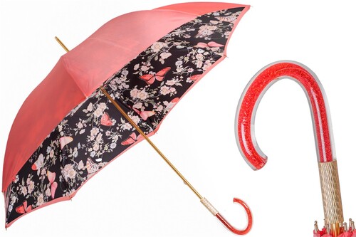 Korallenfarbener Regenschirm mit Schmetterlings-Innenseite f�r Damen - Manuelle �ffnung - 100% Polyester - Griff aus Acetat - Handmade in Italy