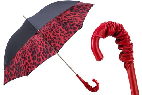 Leopard-Print Roten Regenschirm, Doppelgewebe f�r Damen - Handmade in Italy