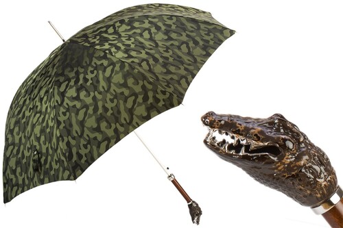 Luxus Camouflage Regenschirm mit Krokodil f�r Herren - Automatische �ffnung - 100% Polyester - Griff aus Emailliertem Messing - Handmade in Italy