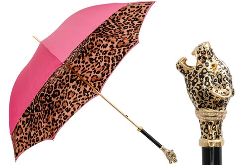 Luxus Leopardisierter Panther-Regenschirm f�r Damen - Manuelle �ffnung - 100% Polyester - Griff aus Emailliertem Messing - Handmade in Italy