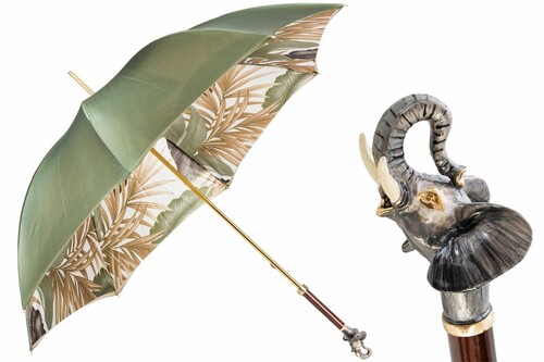 Luxus Regenschirm Damen Elefant Frau - Manuelle �ffnung - 100% Polyester - Griff aus Emailliertem Messing - Handmade in Italy