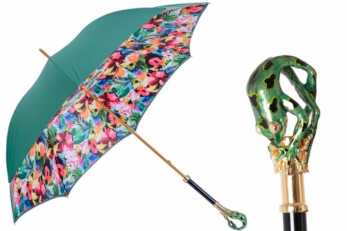 Luxus Regenschirm Damen Frosch - Manuelle �ffnung - 100% Polyester - Griff aus Emailliertem Messing - Handmade in Italy