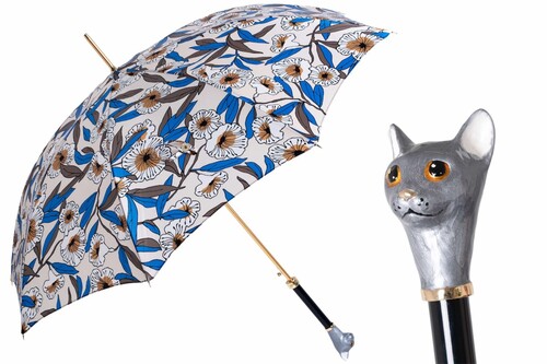 Luxus Regenschirm Damen Grauer Katzenschirm - Automatische �ffnung - 100% Polyester - Griff aus Emailliertem Messing - Handmade in Italy