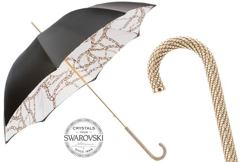 Luxus Regenschirm Damen Schick Damenschirm mit Kettenmuster - Manuelle �ffnung - 100% Polyester - Griff mit Swarovski�-Kristallen - Handmade in Italy