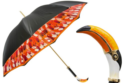 Luxus Regenschirm Damen Tukan - Manuelle �ffnung - 100% Polyester - Griff aus Emailliertem Messing - Handmade in Italy