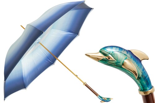 Luxus Regenschirm Delfin f�r Damen - Manuelle �ffnung - 100% Polyester - Griff aus Emailliertem Messing - Handmade in Italy