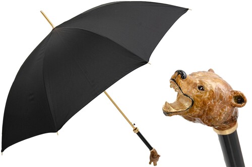 Luxus Regenschirm Herren Braunb�r - Automatische �ffnung - 100% Polyester - Griff aus Emailliertem Messing - Handmade in Italy