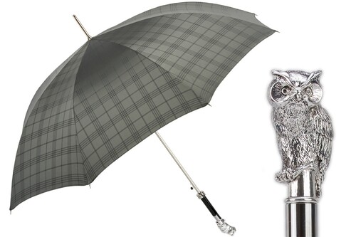 Luxus Regenschirm Herren Eule - Automatische �ffnung - 100% Polyester - Silberfarben Emaillierter Griff aus Harz - Handmade in Italy