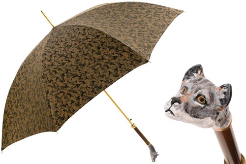 Luxus Regenschirm Herren Wolf - Automatische �ffnung - 100% Polyester - Griff aus Emailliertem Messing - Handmade in Italy
