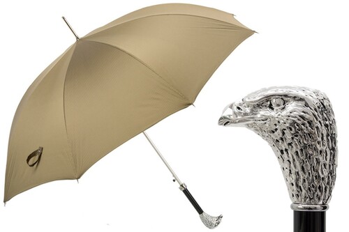 Luxus Regenschirm Herren mit Adler - Automatische �ffnung - 100% Polyester - Silberfarben Emaillierter Griff aus Harz - Handmade in Italy