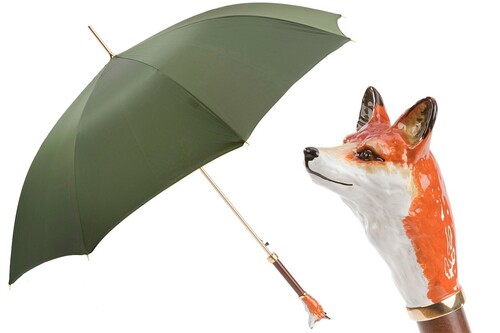 Luxus Regenschirm Herren mit Fuchs - Automatische �ffnung - 100% Polyester - Griff aus Emailliertem Messing - Handmade in Italy