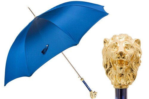 Luxus Regenschirm Herren mit Goldener L�we - Automatische �ffnung - 100% Polyester - Goldfarben Emaillierter Griff aus Harz - Handmade in Italy
