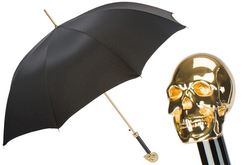 Luxus Regenschirm Herren mit Goldsch�del - Automatische �ffnung - 100% Polyester - Goldfarben Emaillierter Griff aus Harz - Handmade in Italy