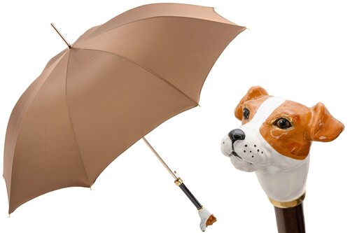 Luxus Regenschirm Herren mit Jack Russell - Automatische �ffnung - 100% Polyester - Griff aus Emailliertem Messing - Handmade in Italy