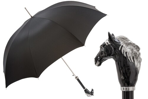 Luxus Regenschirm Herren mit Schwarzes Pferd - Automatische �ffnung - 100% Polyester - Griff aus Emailliertem Messing - Handmade in Italy