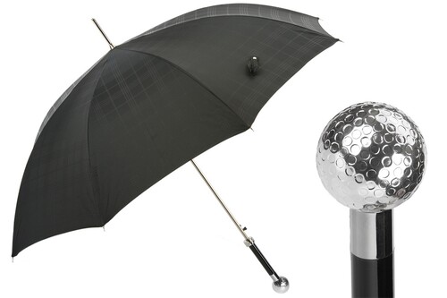 Luxus Regenschirm Herren mit Silber Golfball - Automatische �ffnung - 100% Polyester - Silberfarben Emaillierter Griff aus Harz - Handmade in Italy