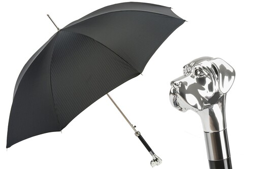 Luxus Regenschirm Herren mit Silber Labrador - Automatische �ffnung - 100% Polyester - Silberfarben Emaillierter Griff aus Harz - Handmade in Italy